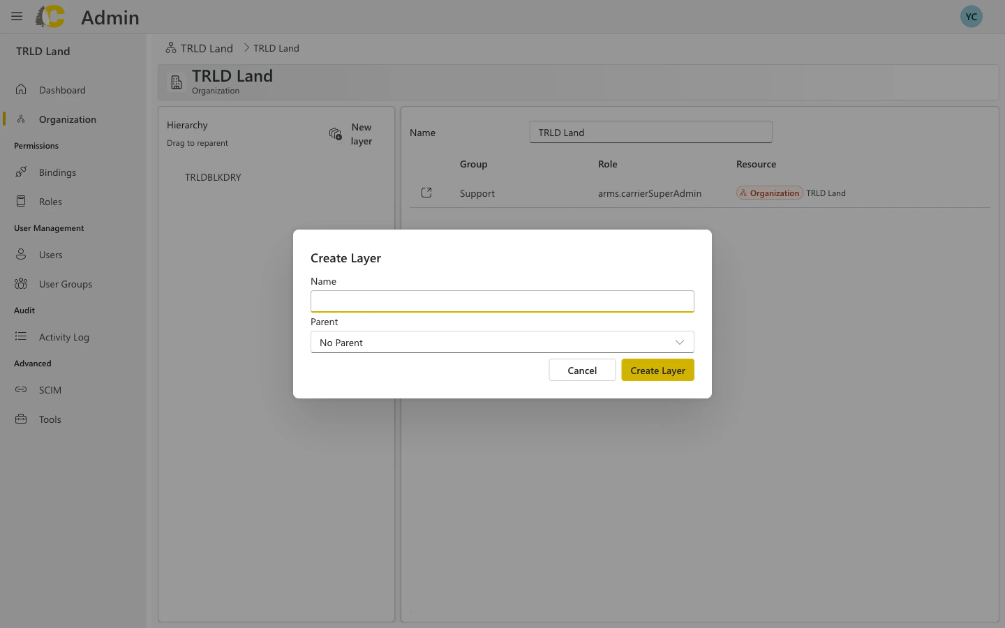 Create Layer dialog with name and parent selection