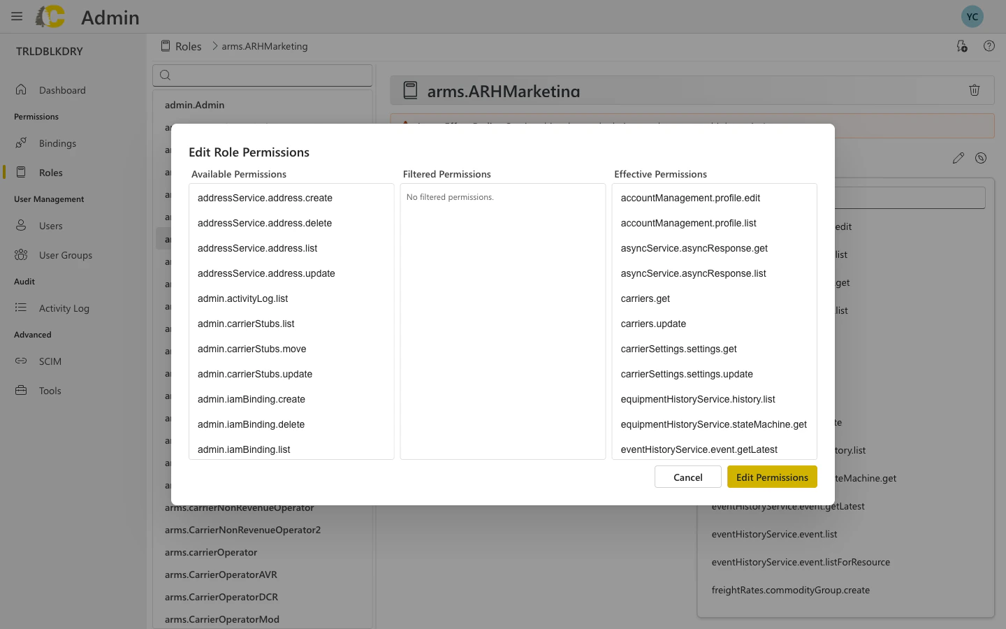 Role permissions editor showing all included permissions