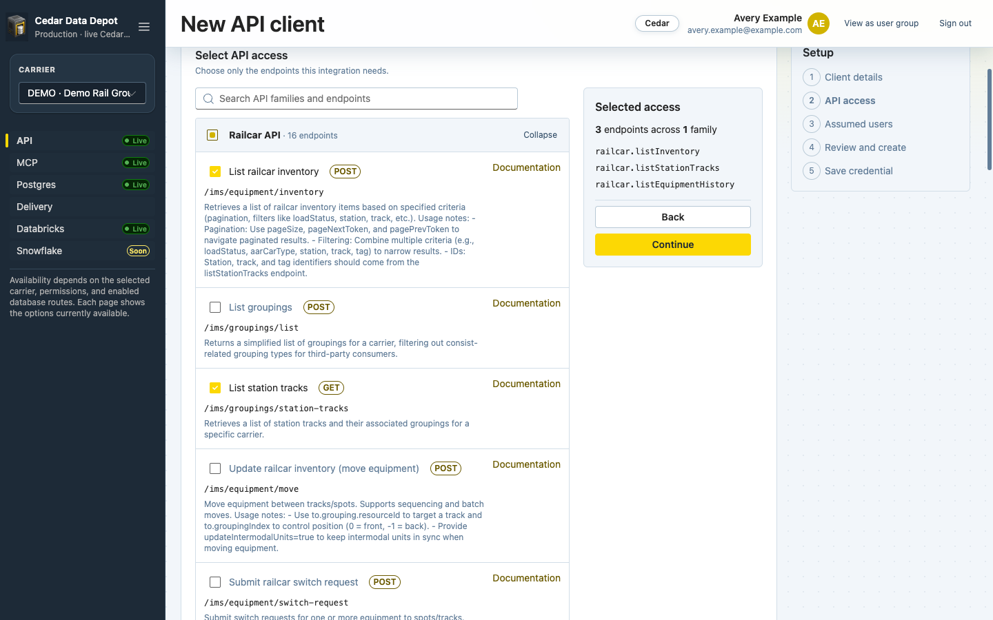 API access step with Railcar API endpoints and the Selected access summary