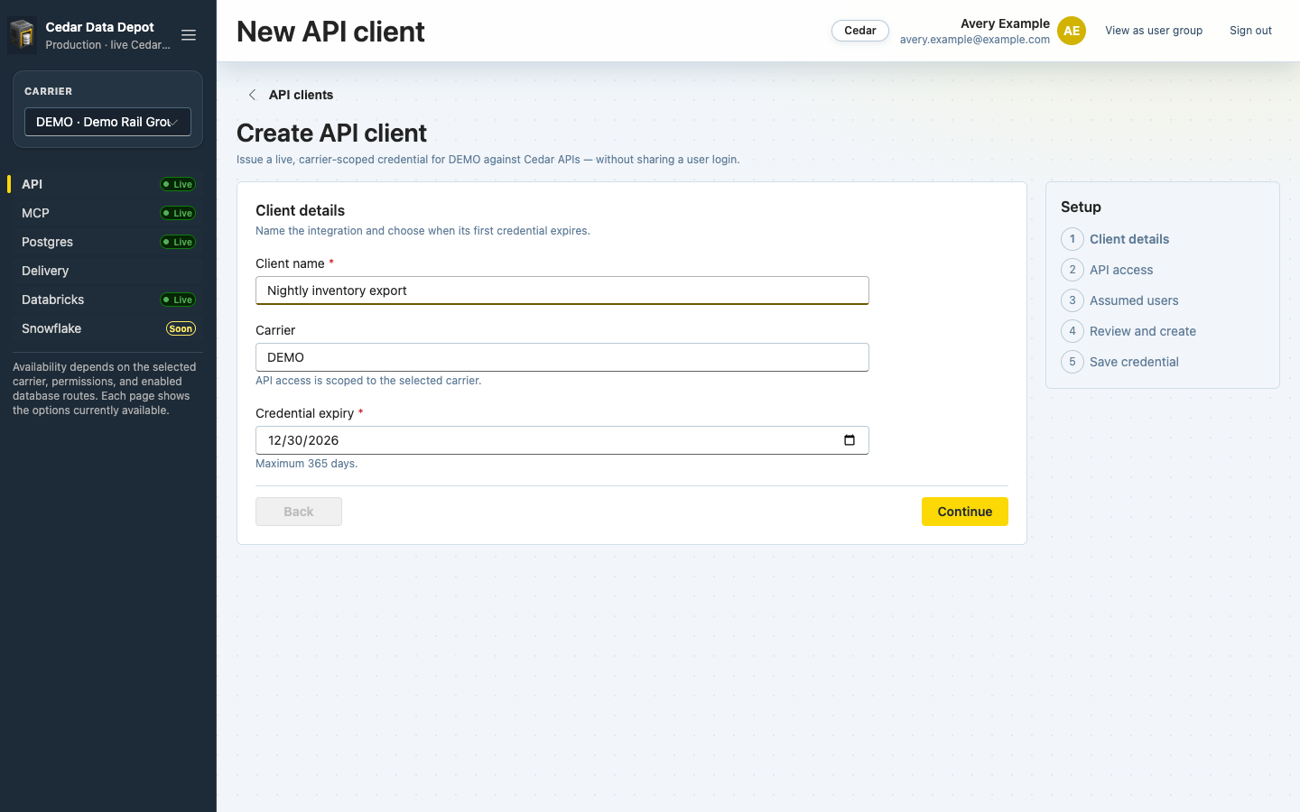 Create API client form with client name, carrier, and credential expiry