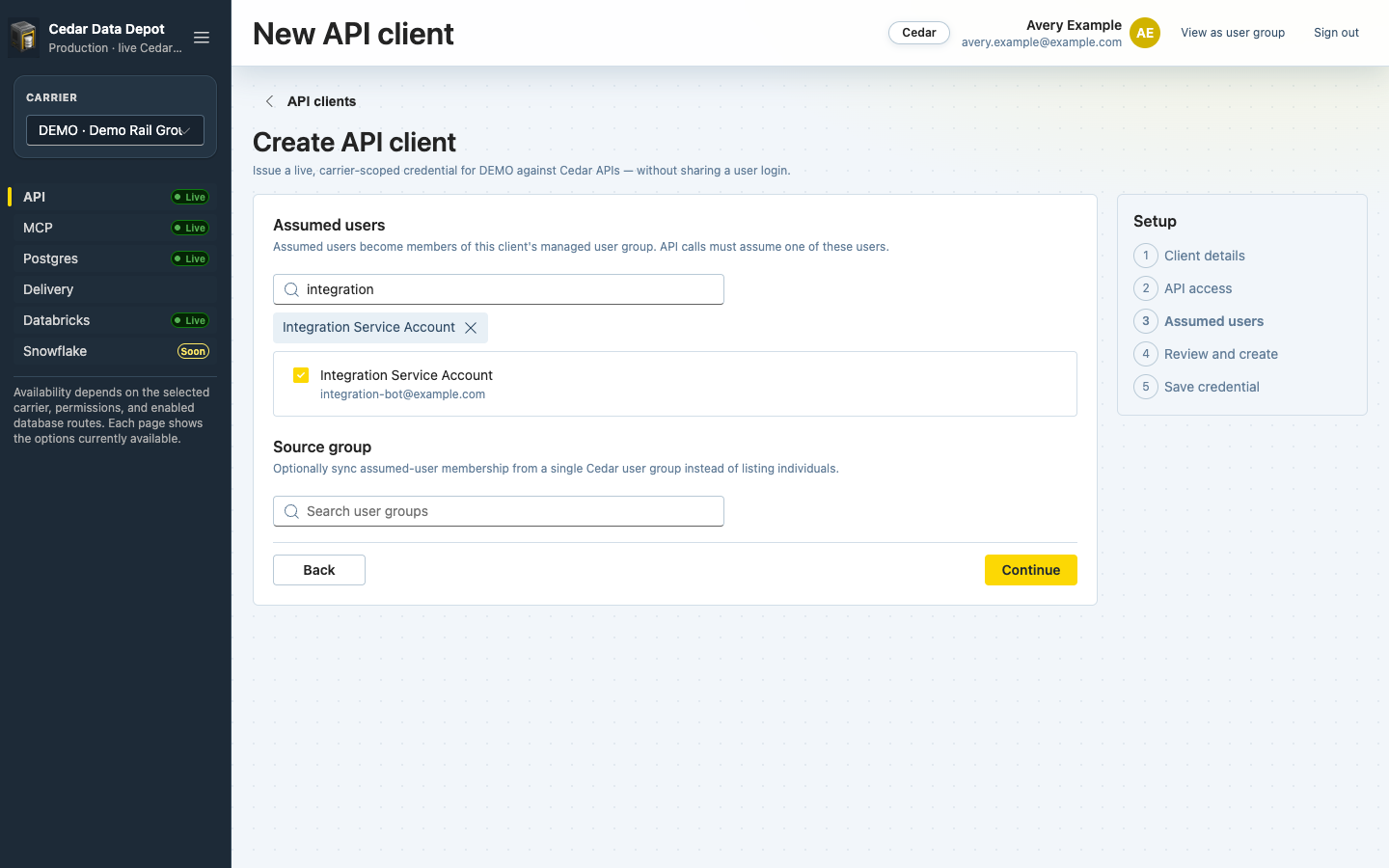 Assumed users step with a service account selected and an optional source group
