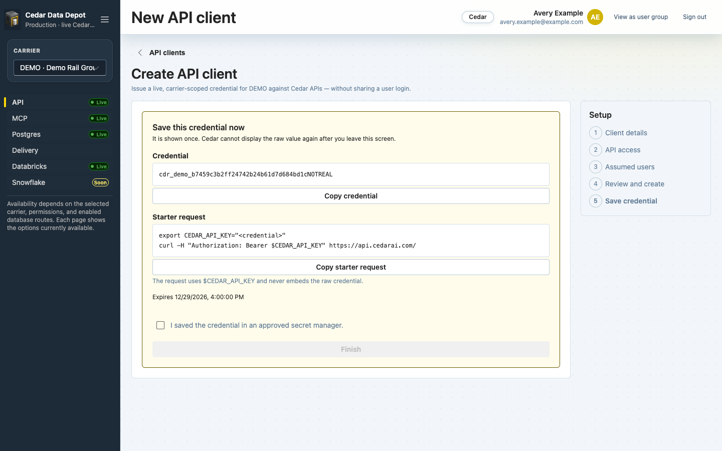 Save this credential now panel with the credential, starter request, and confirmation checkbox