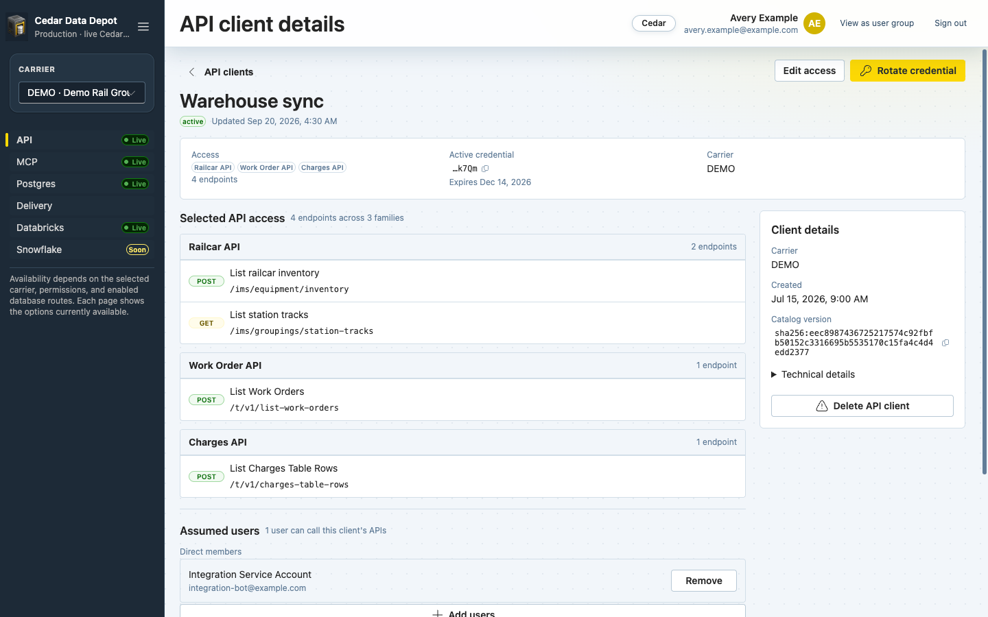 API client details with selected API access, client details, and action buttons