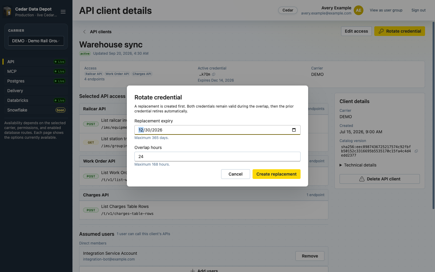 Rotate credential dialog with replacement expiry and overlap hours