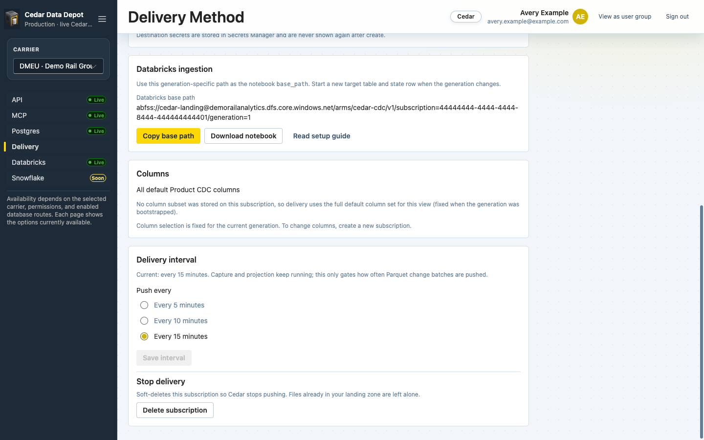 Databricks ingestion, Columns, Delivery interval, and Stop delivery sections