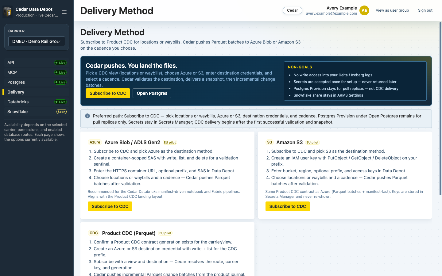 Delivery Method page with Azure, S3, and Product CDC path cards