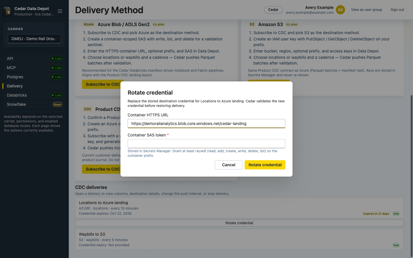 Rotate credential dialog with the container URL and a new SAS token field