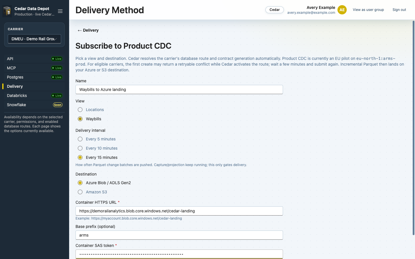 Subscribe to Product CDC form with name, view, delivery interval, and Azure destination fields