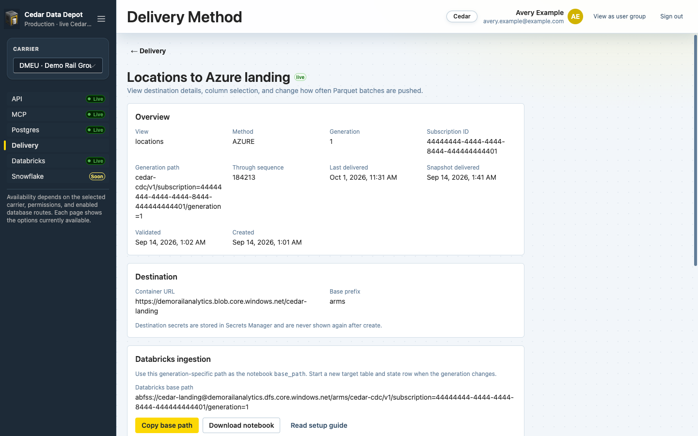 Subscription details with overview, destination, and Databricks ingestion sections