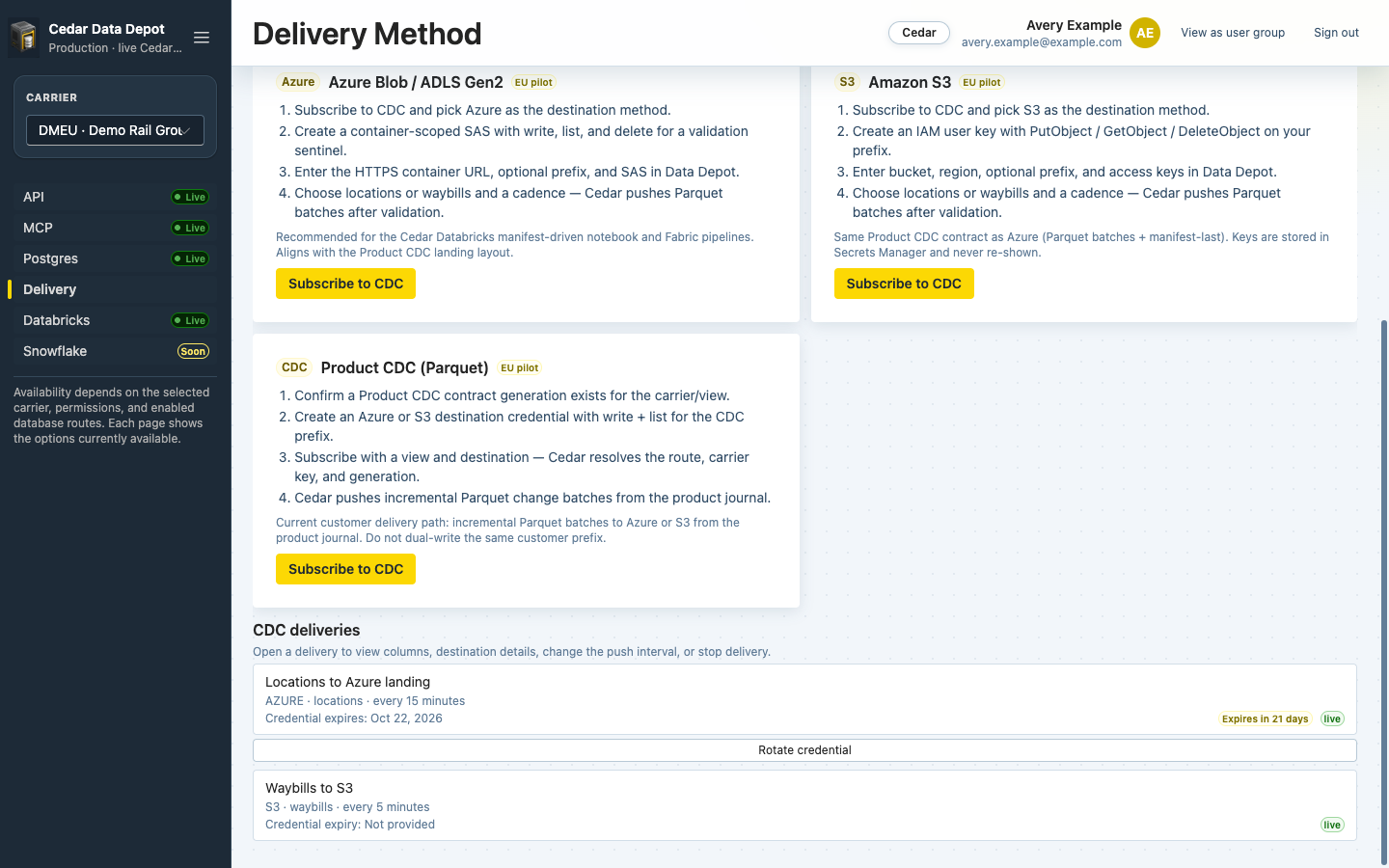 CDC deliveries list showing an Azure delivery expiring in 21 days and an S3 delivery