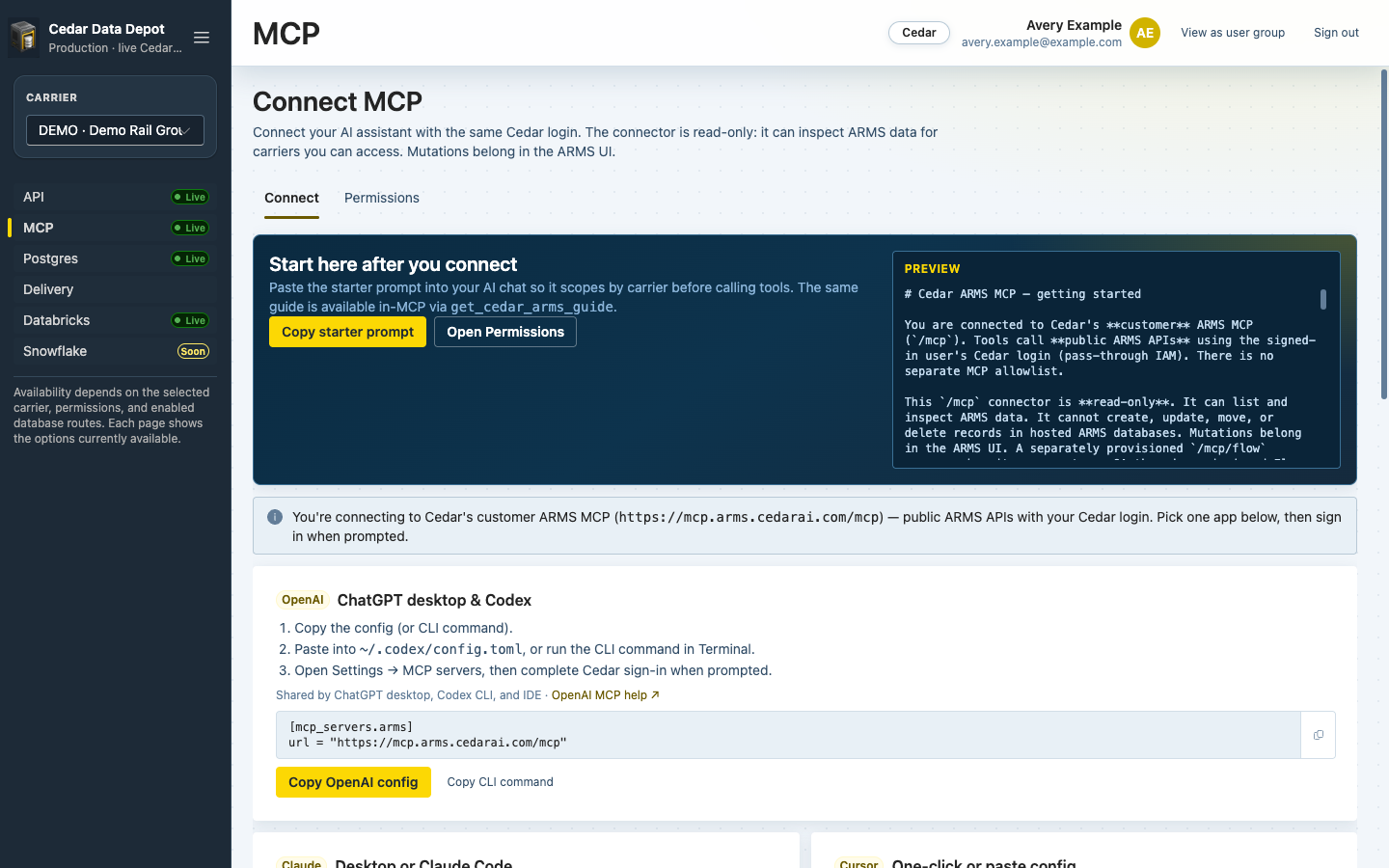 Connect MCP page with the starter prompt preview and ChatGPT setup card
