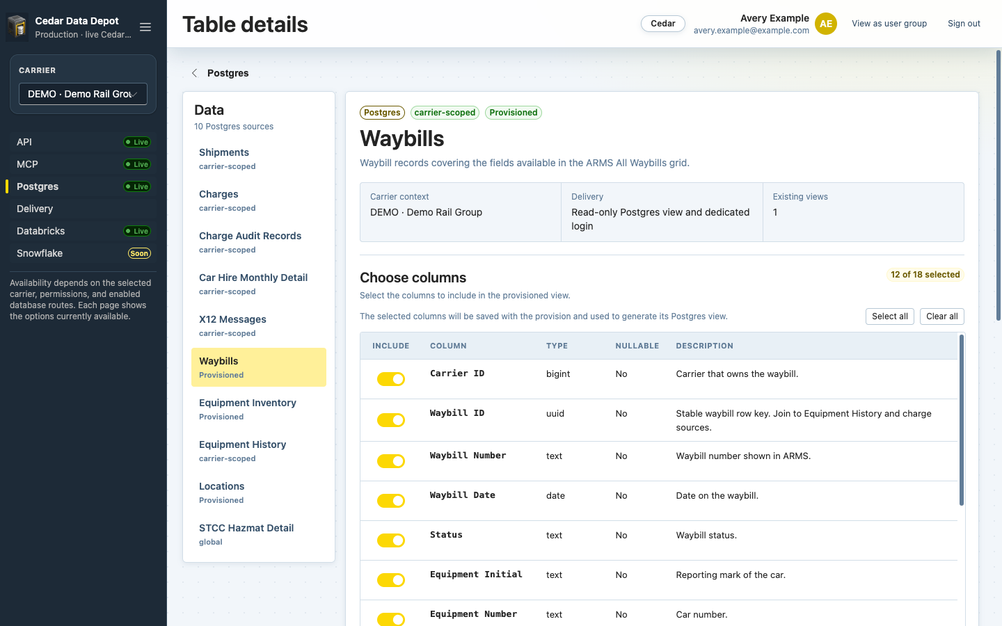 Choose columns table with Include switches, column names, types, and descriptions