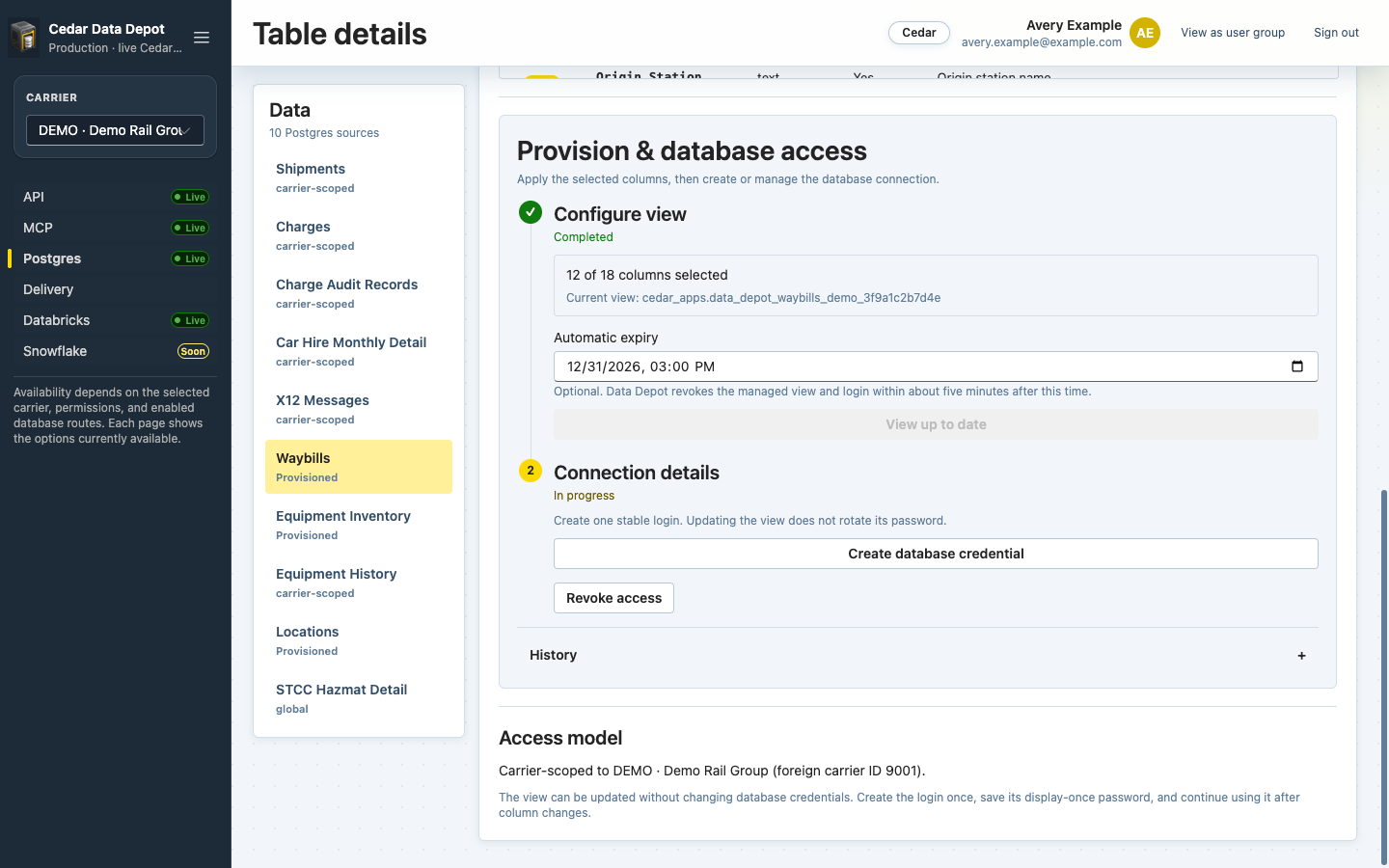 Provision and database access panel with Configure view completed and Create database credential button
