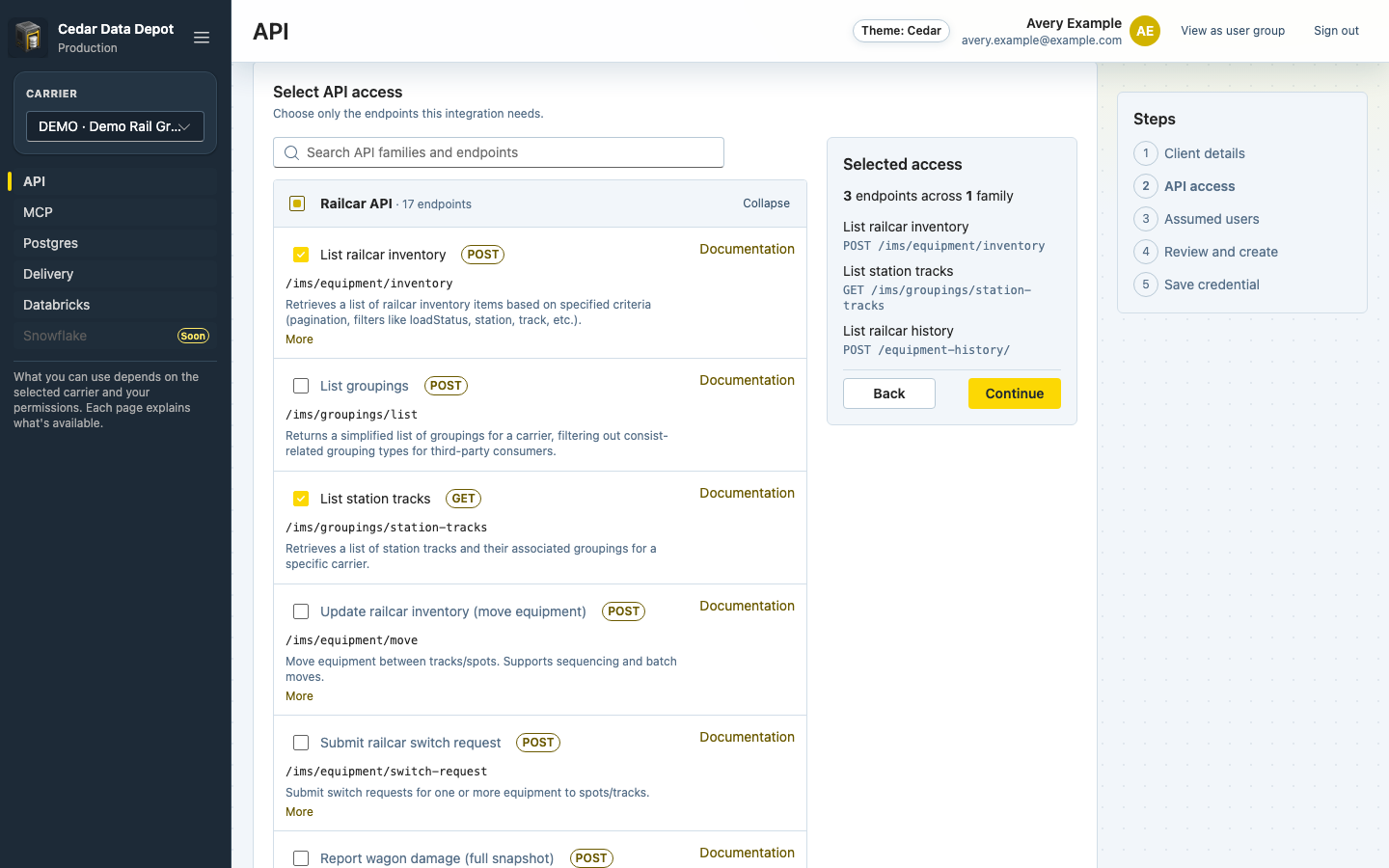Select API access step with three Railcar API endpoints checked and the Selected access summary