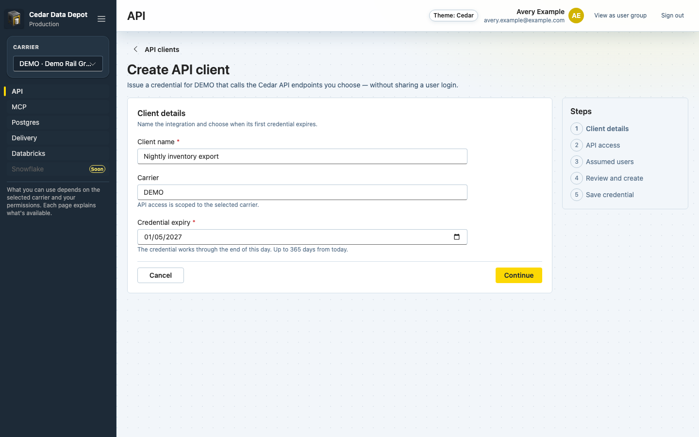 Create API client form with client name, carrier, and credential expiry
