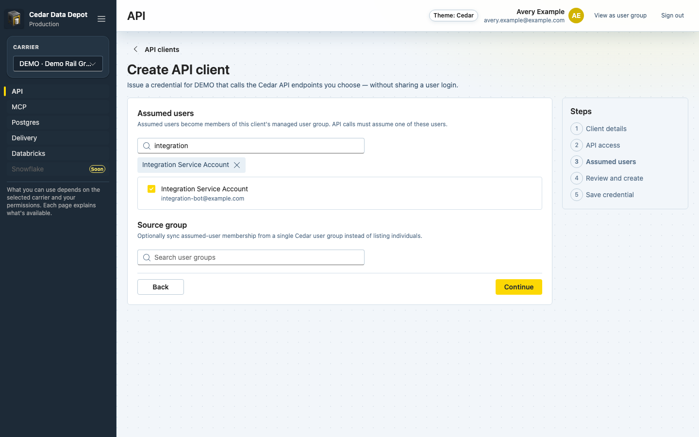 Assumed users step with Integration Service Account selected and an empty Source group search
