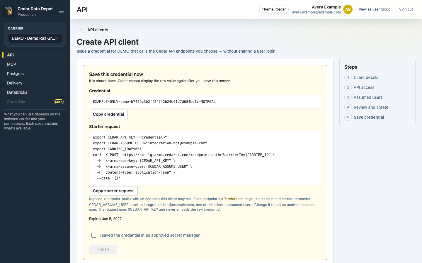 Save this credential now panel with the credential, the starter request, and the confirmation checkbox