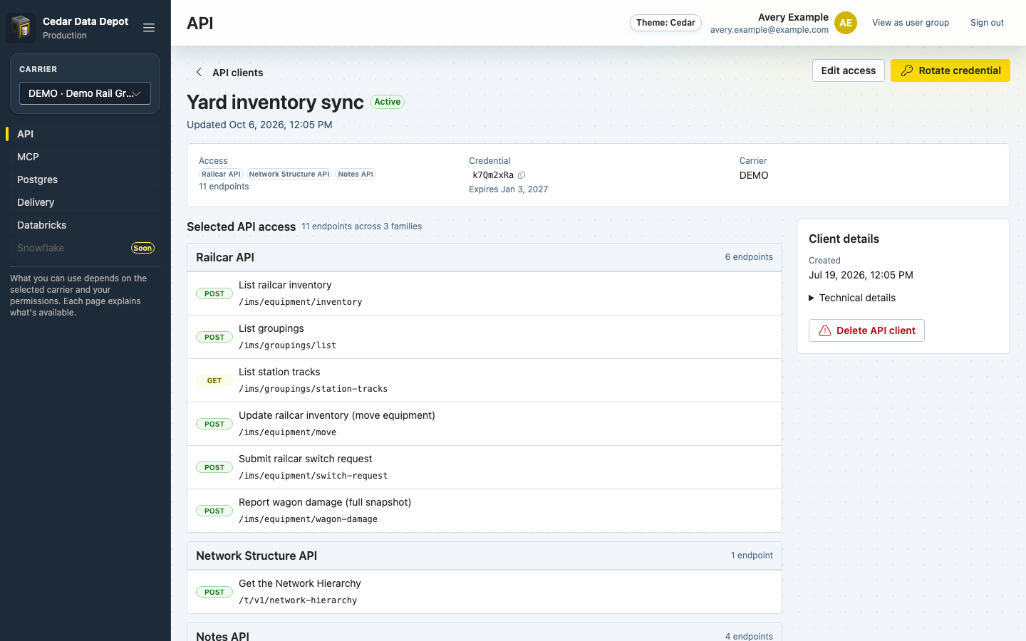 Yard inventory sync API client page with Edit access, Rotate credential, the selected API access by family, and Client details