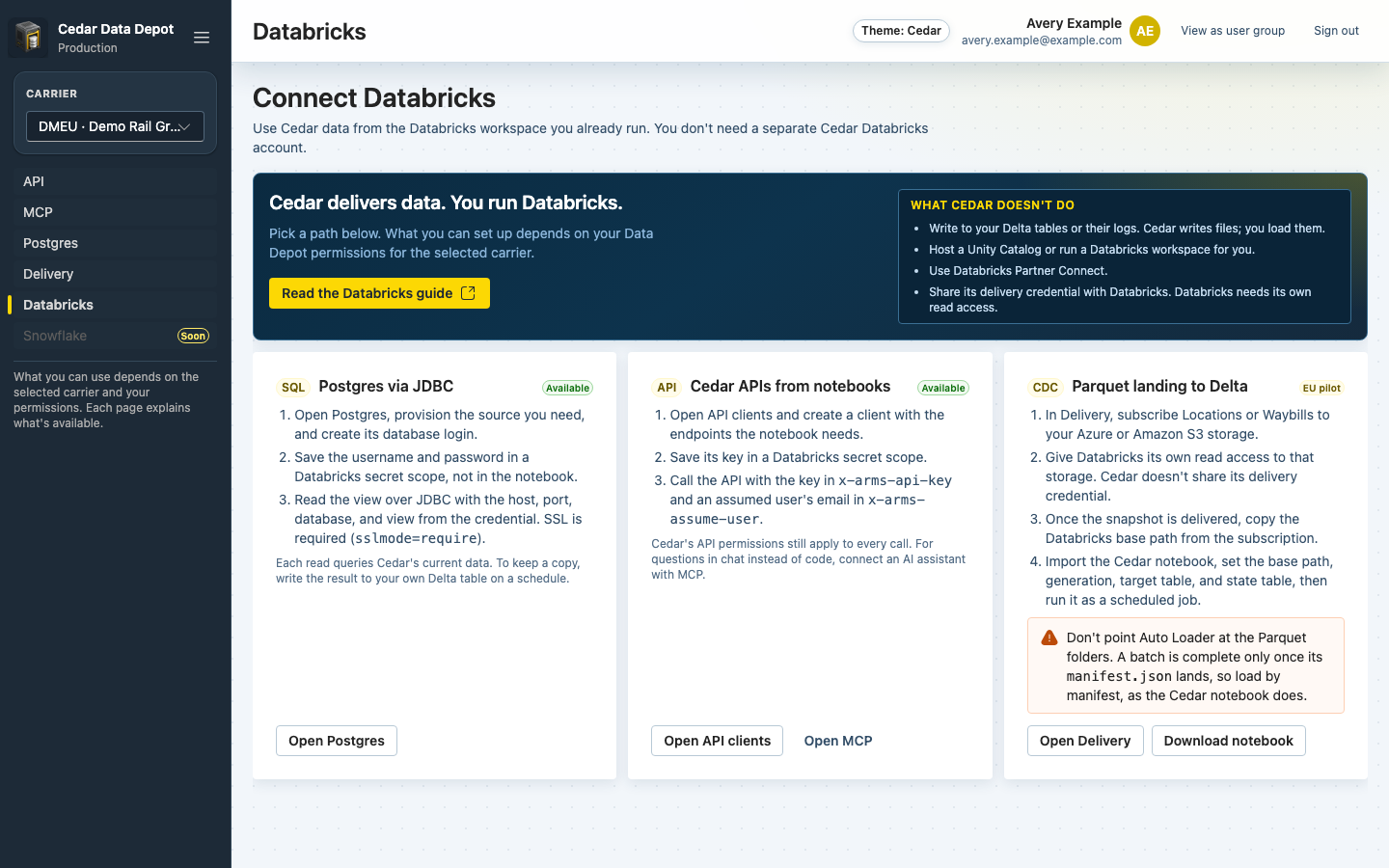 Connect Databricks page with Read the Databricks guide, What Cedar doesn't do, and the Postgres via JDBC, Cedar APIs from notebooks, and Parquet landing to Delta cards