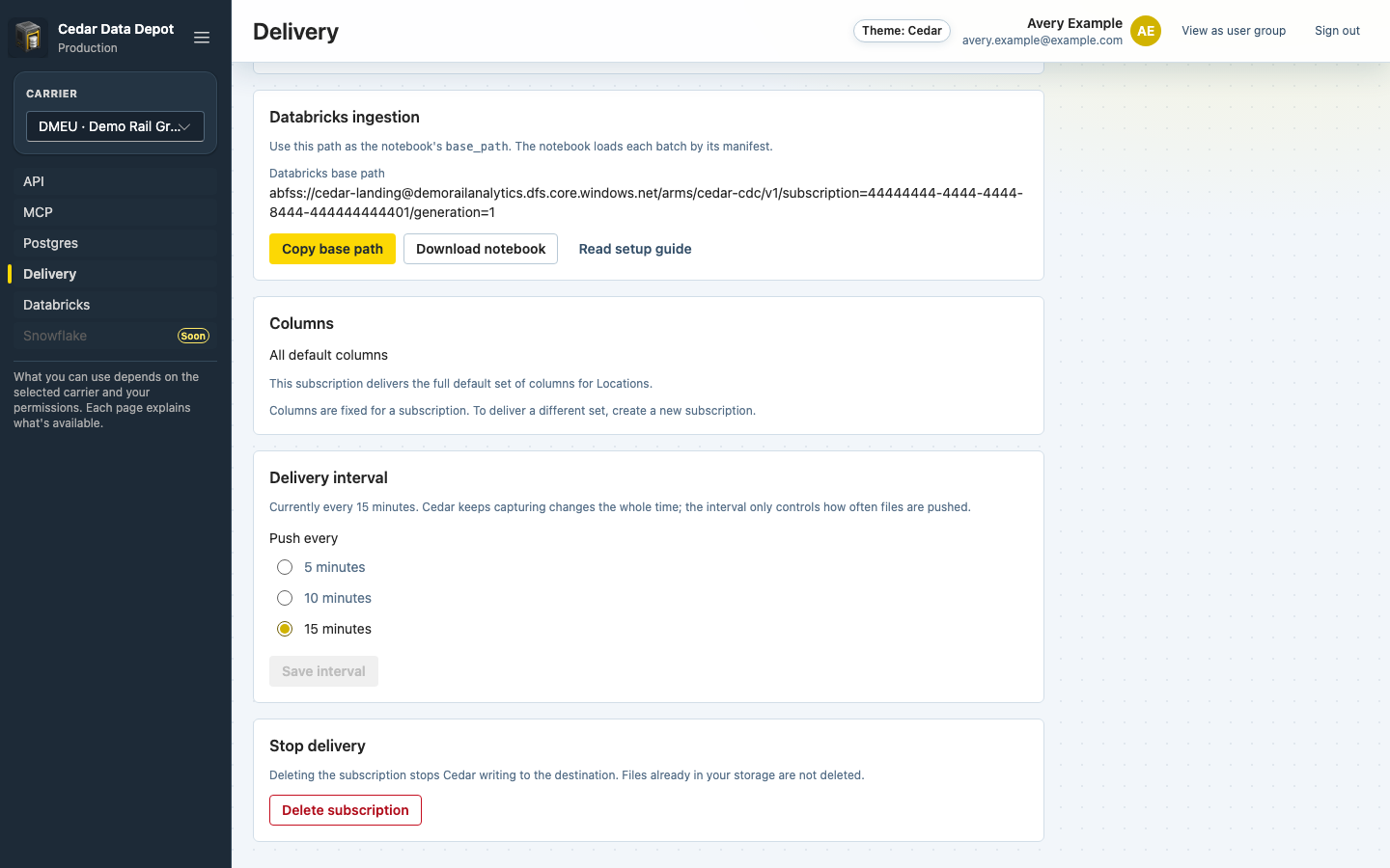 Databricks ingestion panel with the base path, Copy base path, Download notebook, and Read setup guide
