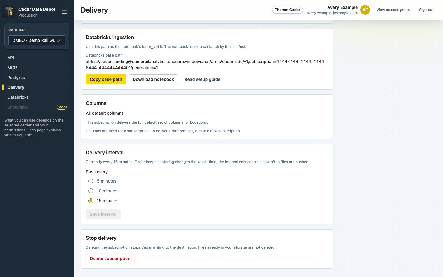 Databricks ingestion, Columns, Delivery interval, and Stop delivery sections