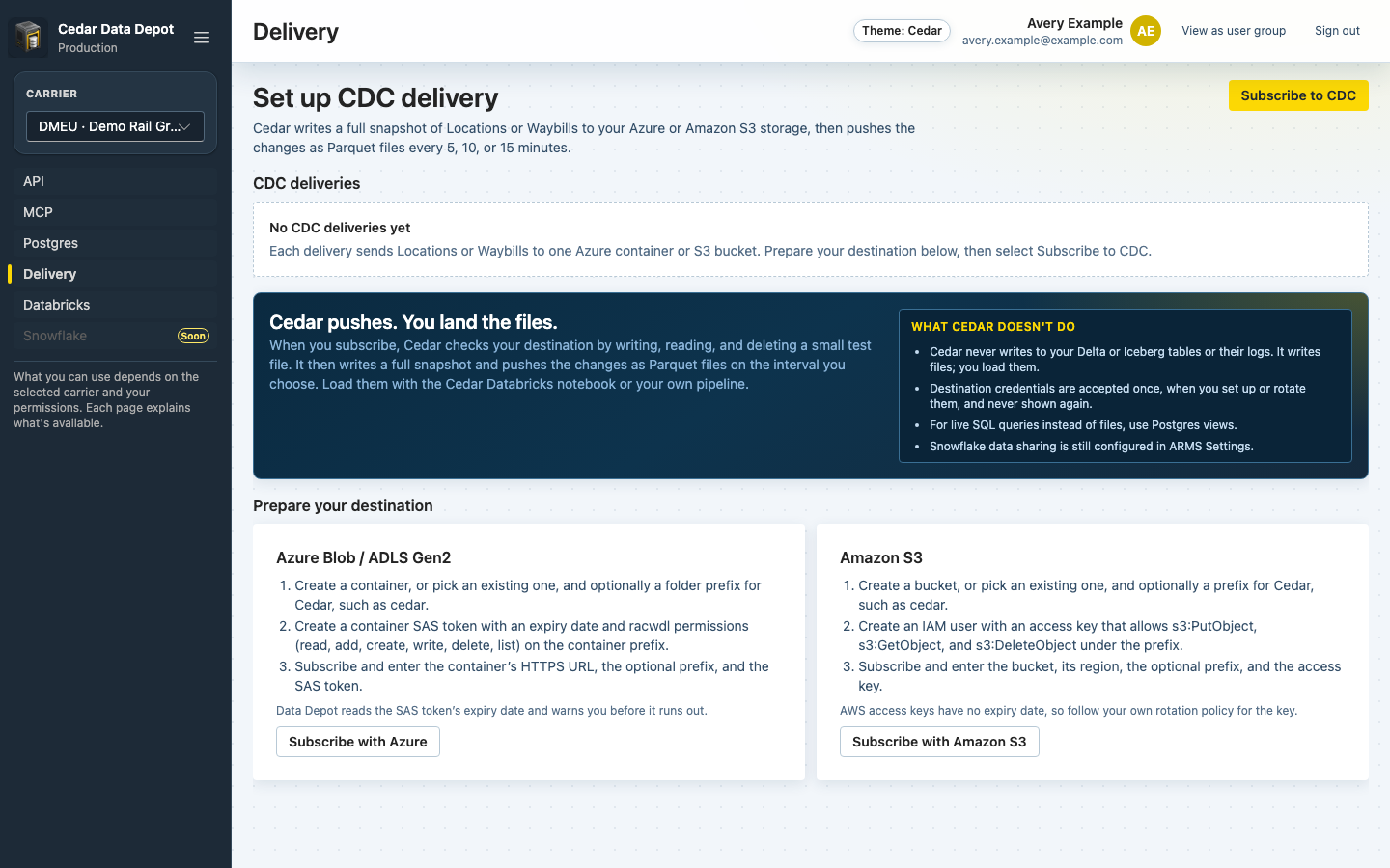 Delivery page with the Set up CDC delivery heading, Subscribe to CDC, an empty CDC deliveries list, What Cedar doesn't do, and Prepare your destination cards with Subscribe with Azure and Subscribe with Amazon S3