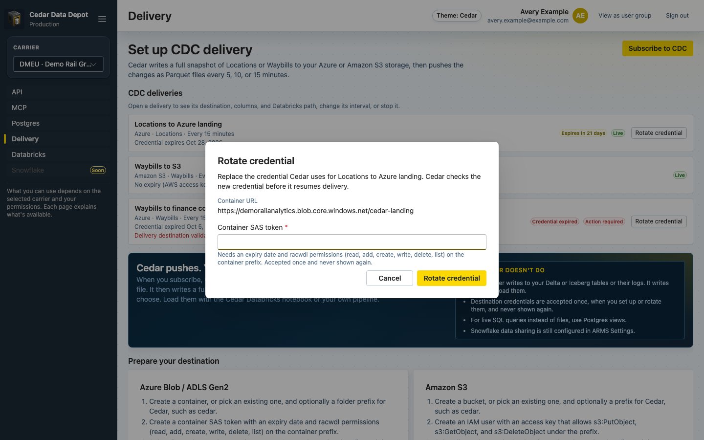 Rotate credential dialog for Locations to Azure landing with the container URL and an empty Container SAS token field