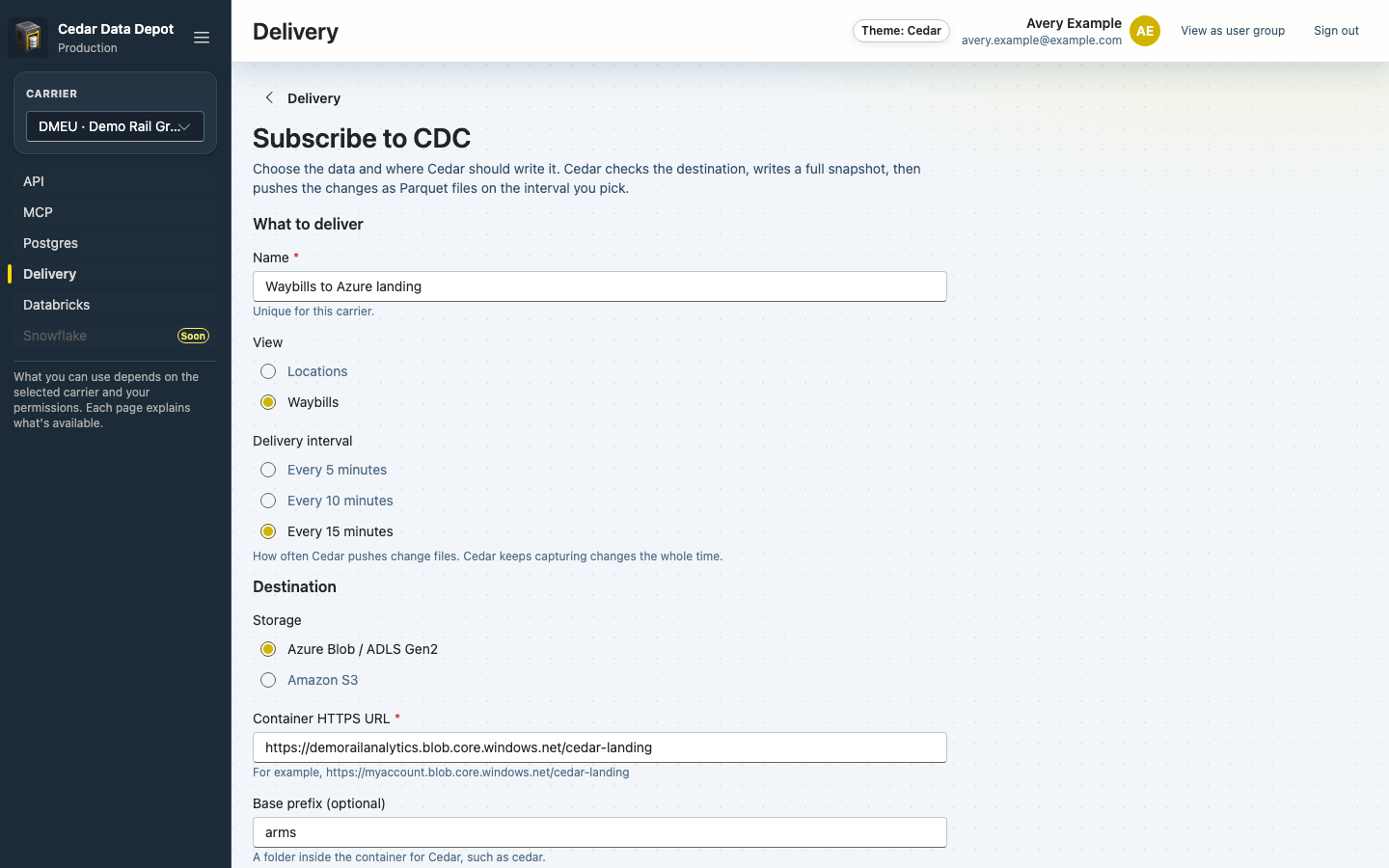 Subscribe to CDC form with name, view, delivery interval, Storage, and Azure destination fields