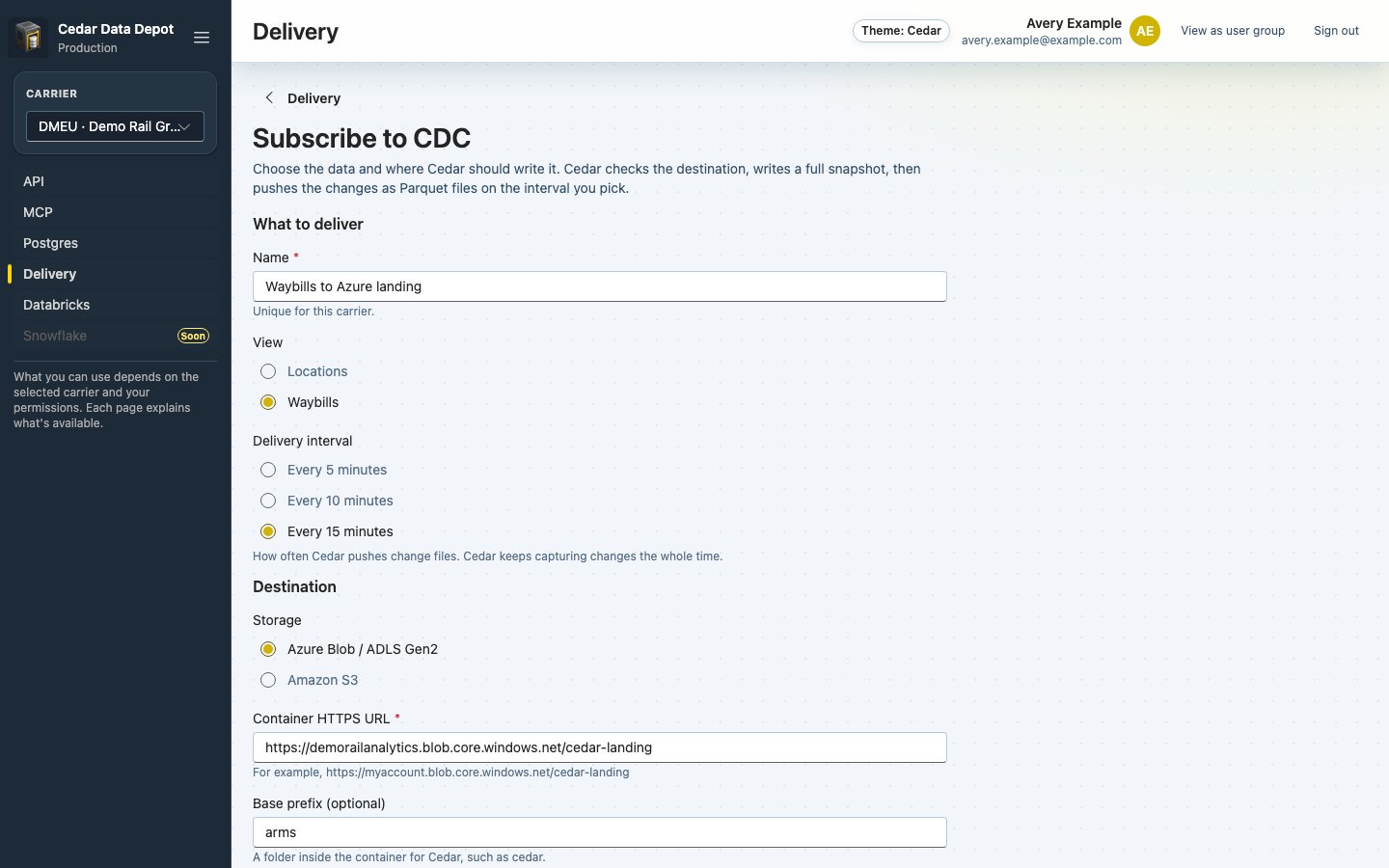 Subscribe to CDC form with name, view, delivery interval, Storage, and Azure destination fields