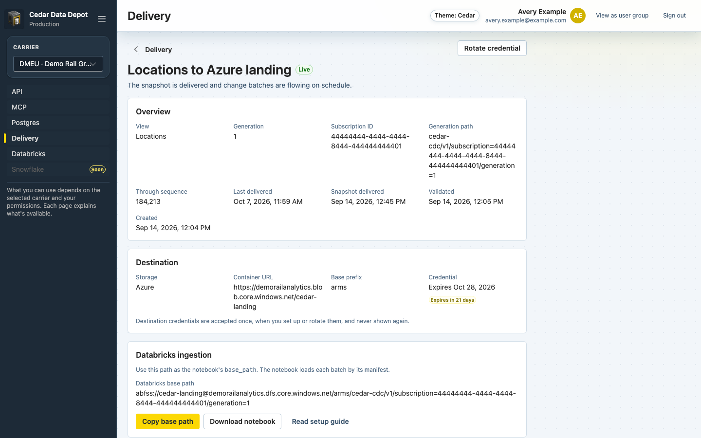 Locations to Azure landing delivery page with the Live status, Overview, Destination with the credential expiry, and Databricks ingestion