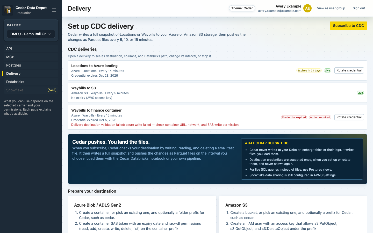 CDC deliveries list with an Azure delivery that expires in 21 days, an S3 delivery with no expiry, and an Azure delivery marked Credential expired and Action required, with Rotate credential buttons