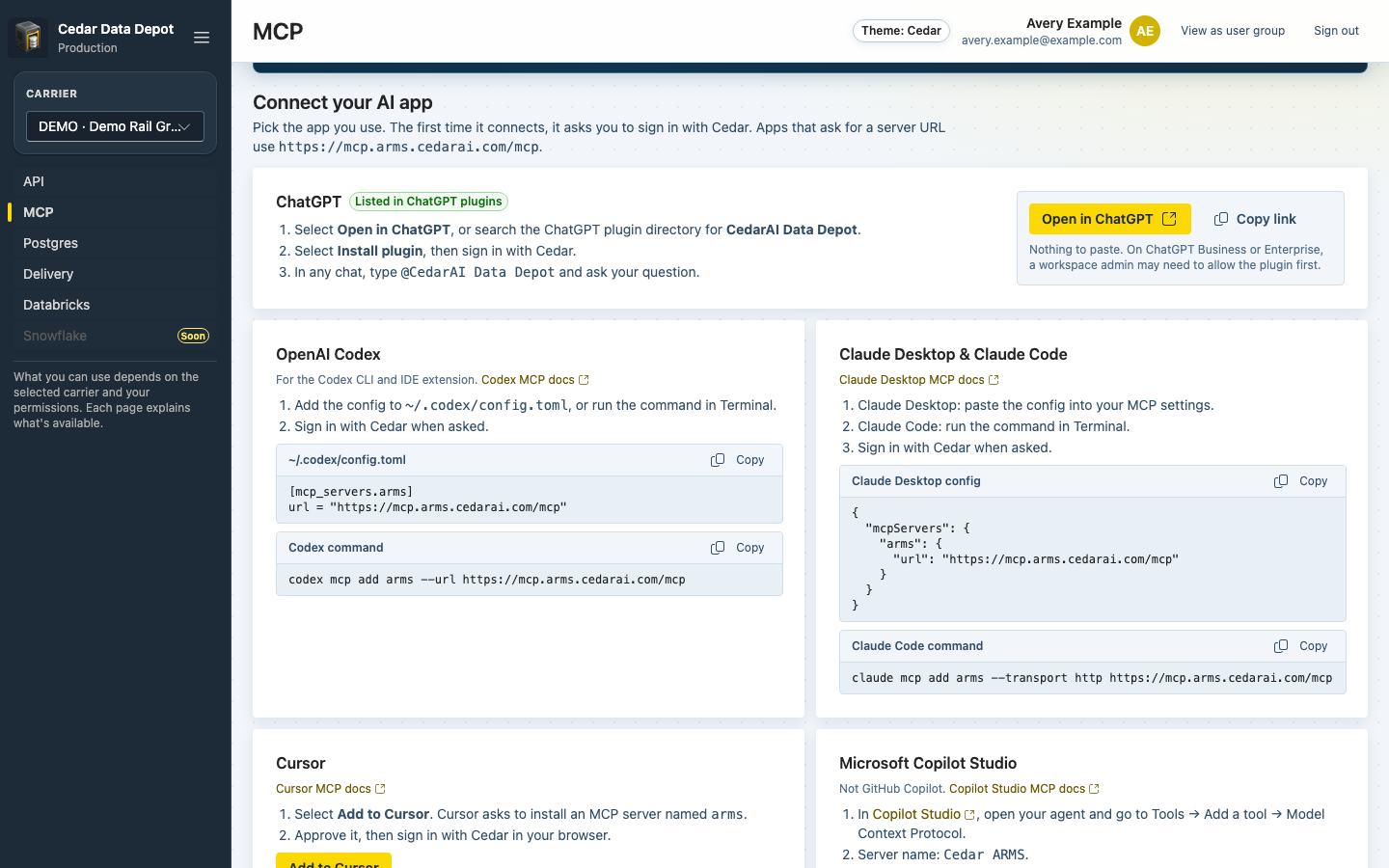 Connect your AI app section with the ChatGPT, OpenAI Codex, Claude Desktop & Claude Code, Cursor, and Microsoft Copilot Studio cards
