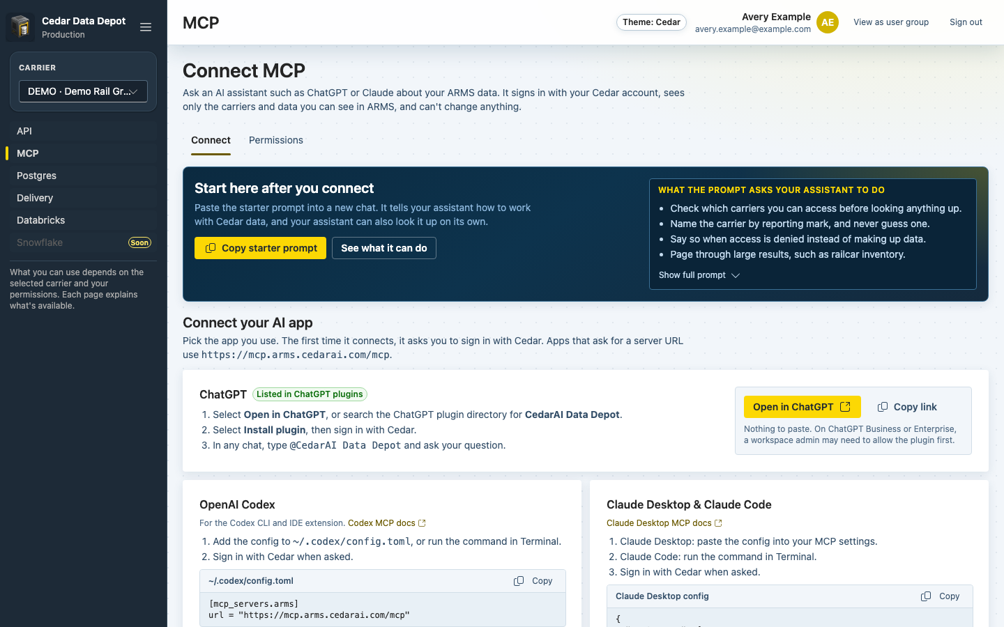 Connect MCP page with the starter prompt summary, Copy starter prompt, See what it can do, and the ChatGPT card