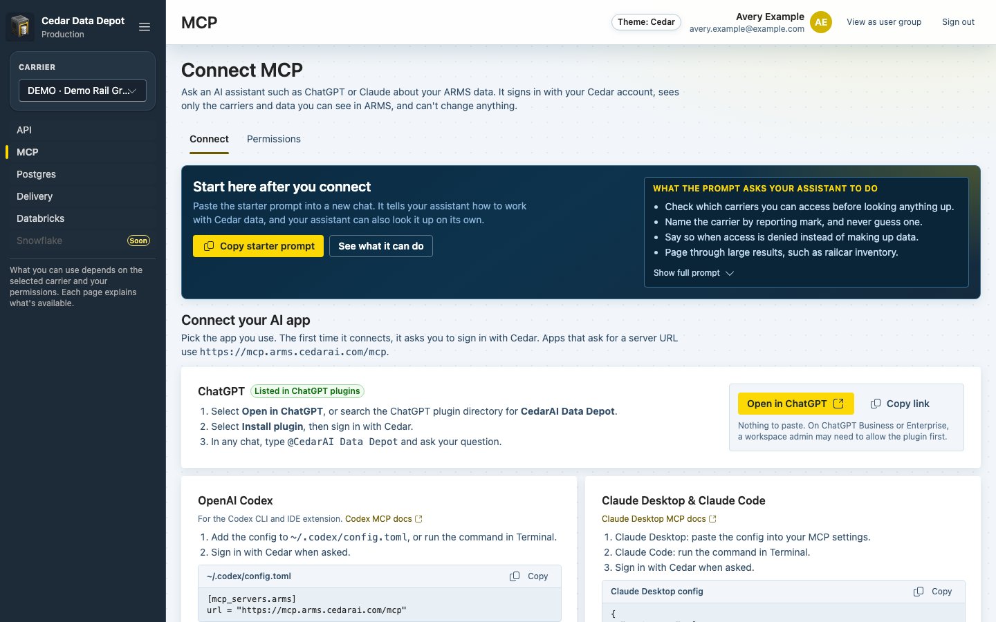 Connect MCP page with the starter prompt summary, Copy starter prompt, See what it can do, and the ChatGPT card
