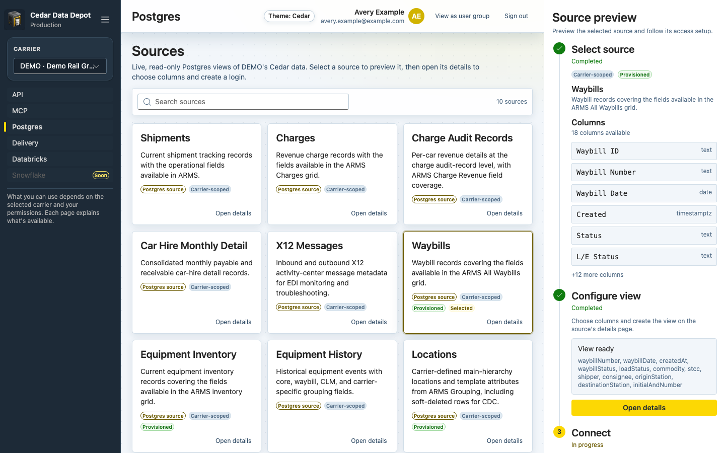 Postgres Sources page with source cards and the Source preview panel