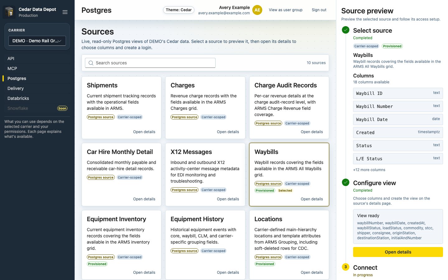 Postgres Sources page with source cards and the Source preview panel