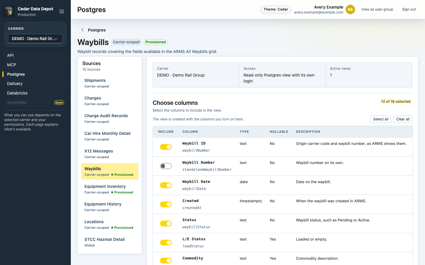 Choose columns table for Waybills with Include switches, display names with view column names underneath, types, and descriptions