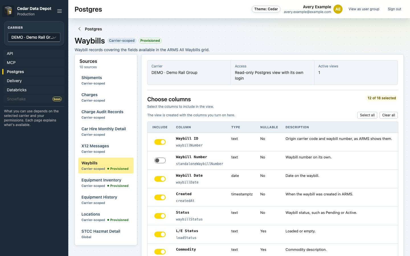 Choose columns table for Waybills with Include switches, display names with view column names underneath, types, and descriptions
