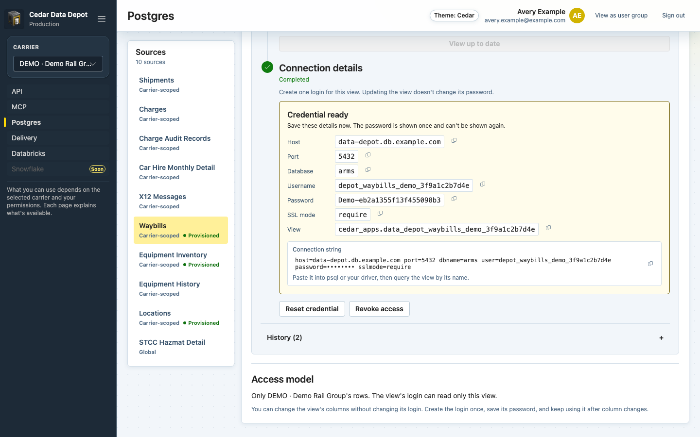 Credential ready panel with copy buttons for host, port, database, username, password, SSL mode, and view, and the connection string
