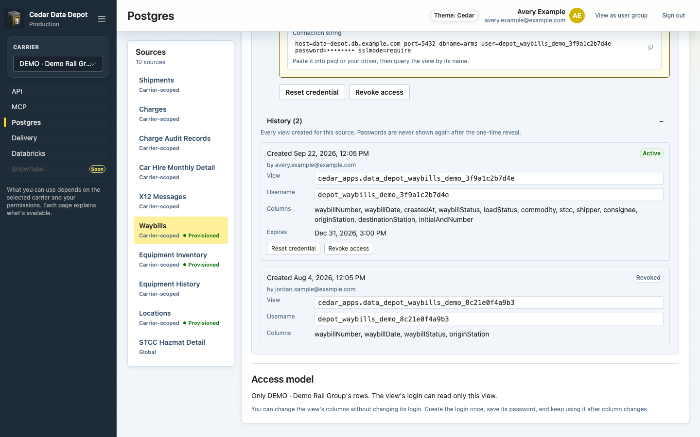 History section showing an active and a revoked view for Waybills, each with its view name, username, and columns