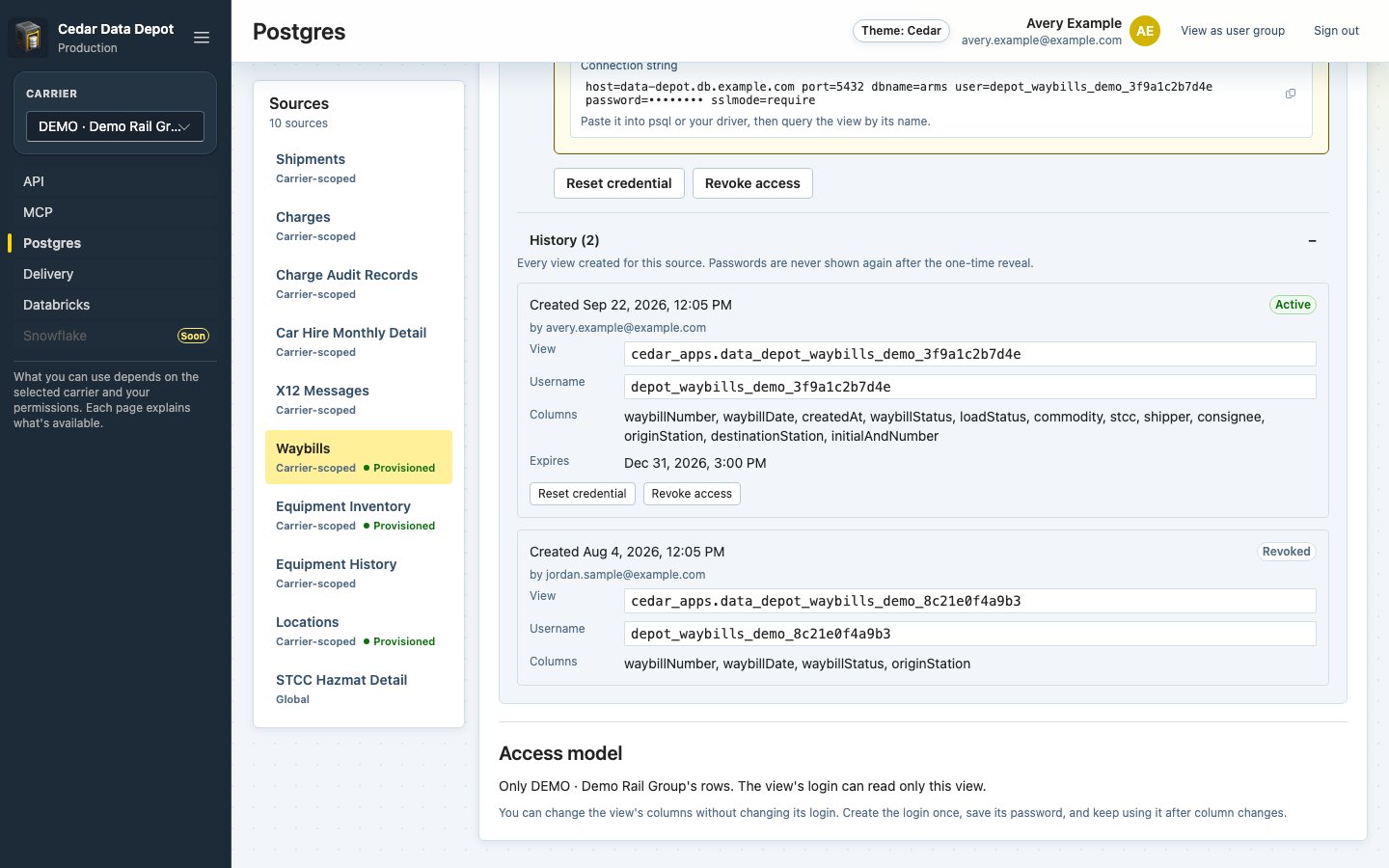 History section showing an active and a revoked view for Waybills, each with its view name, username, and columns