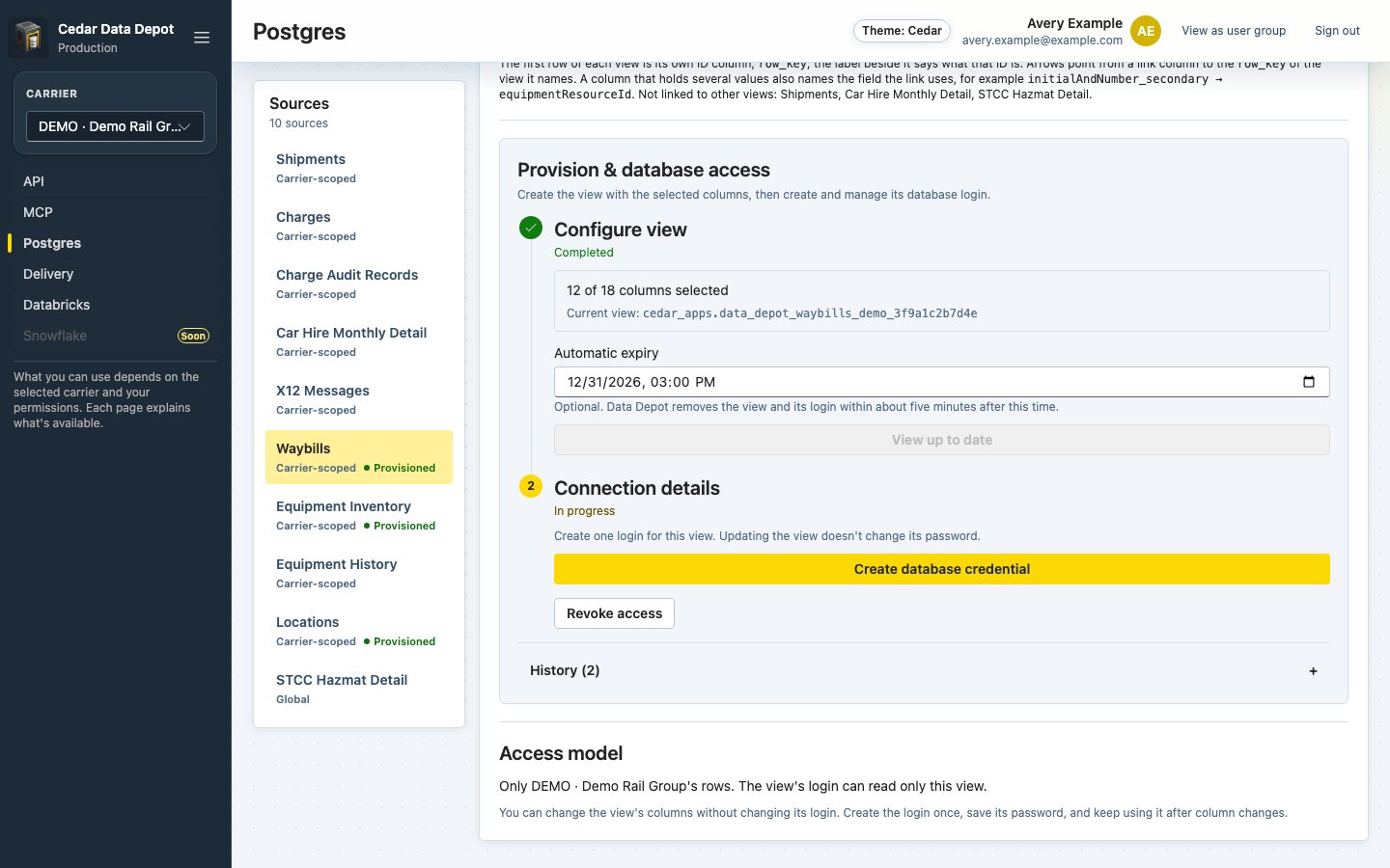 Provision & database access panel with Configure view completed, Automatic expiry, View up to date, and the Create database credential button