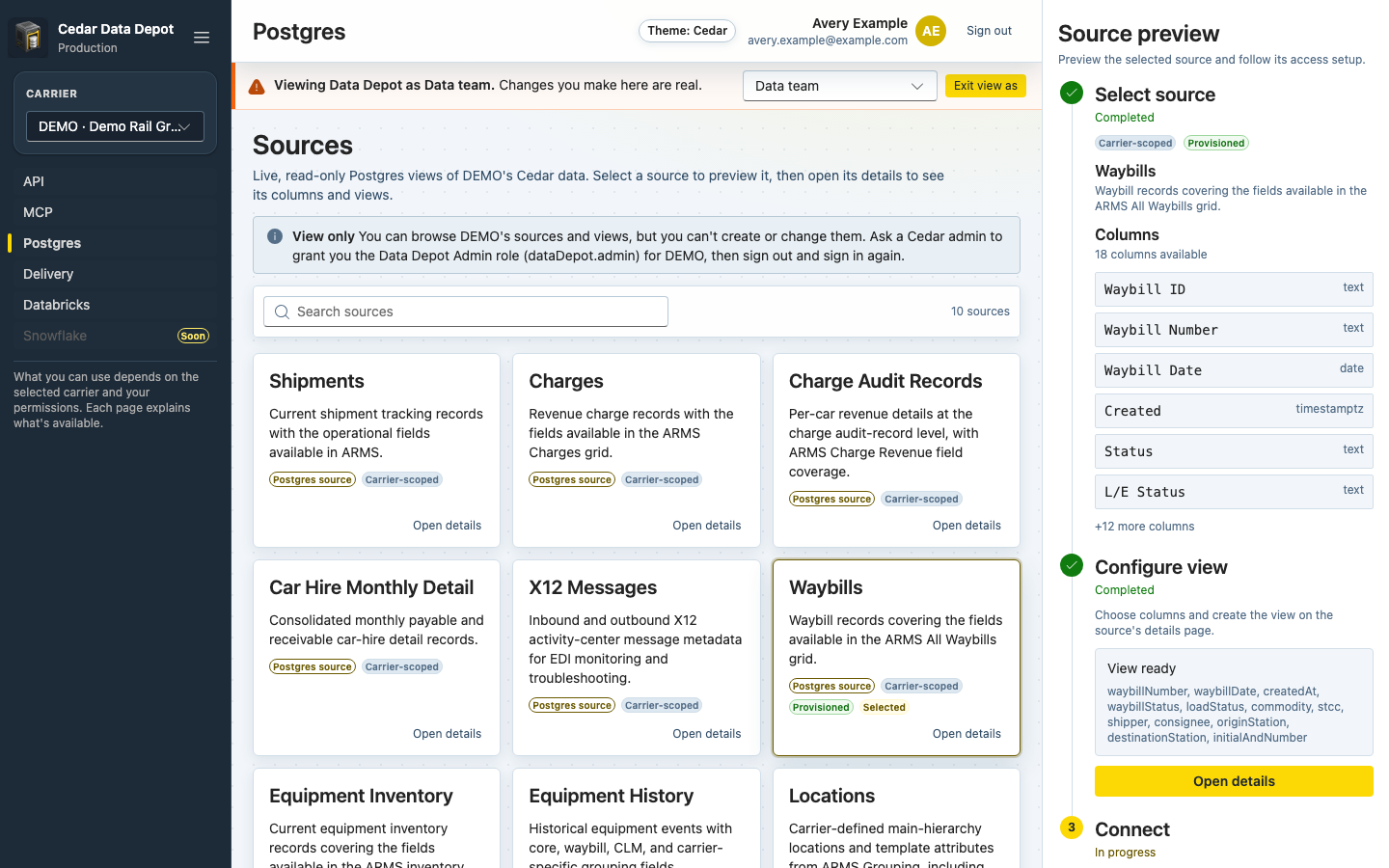 Data Depot Sources page with the Viewing Data Depot as Data team banner, the group picker, Exit view as, and a View only notice