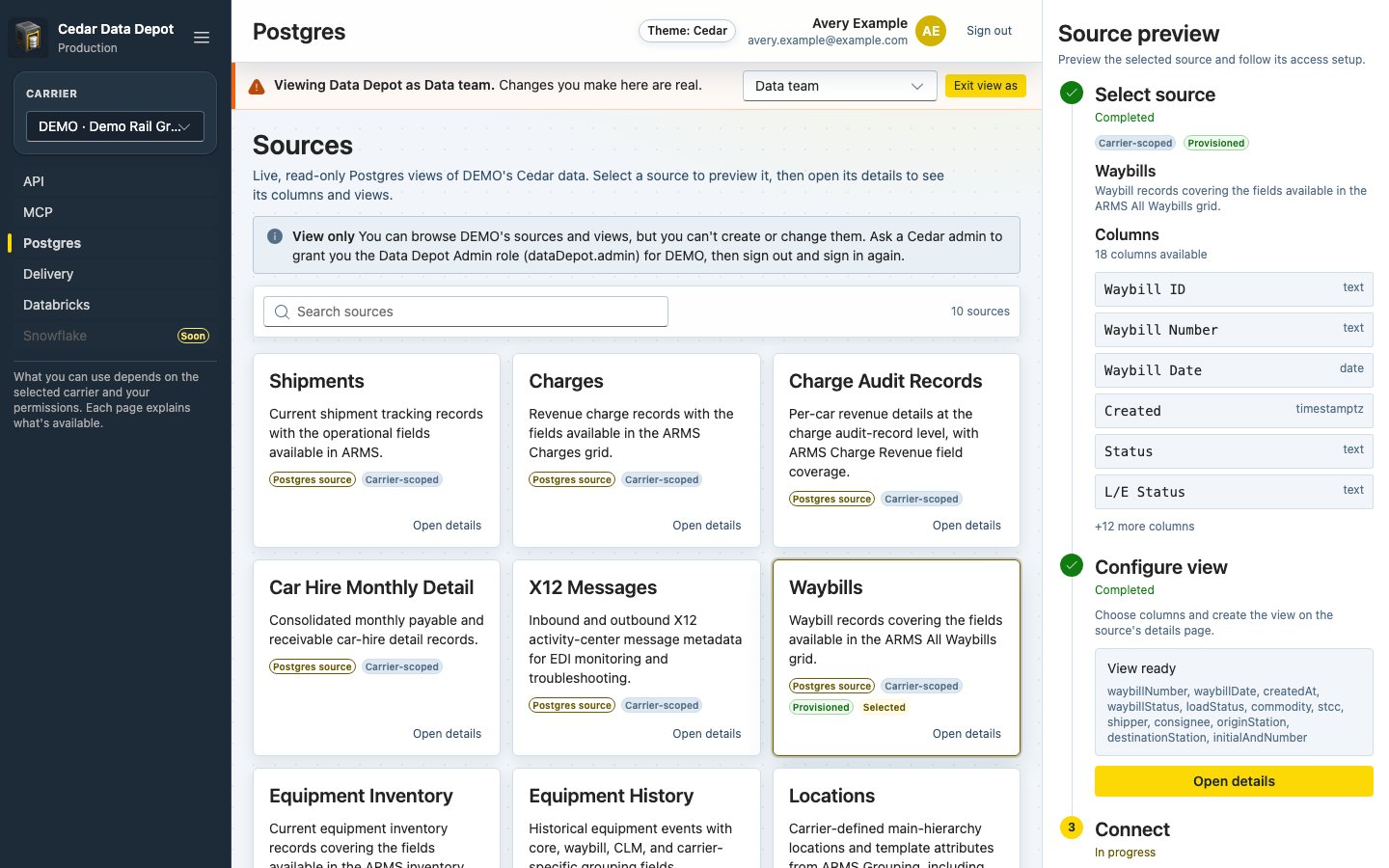 Data Depot Sources page with the Viewing Data Depot as Data team banner, the group picker, Exit view as, and a View only notice