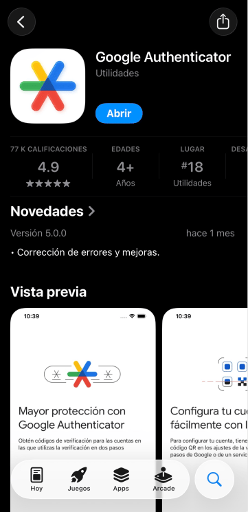 Instalación de Google Authenticator en la tienda de aplicaciones