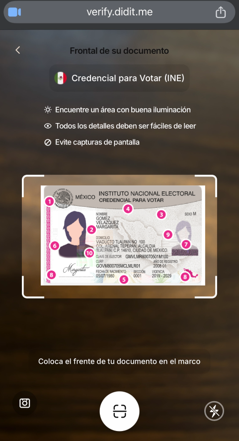 Captura del frente del documento