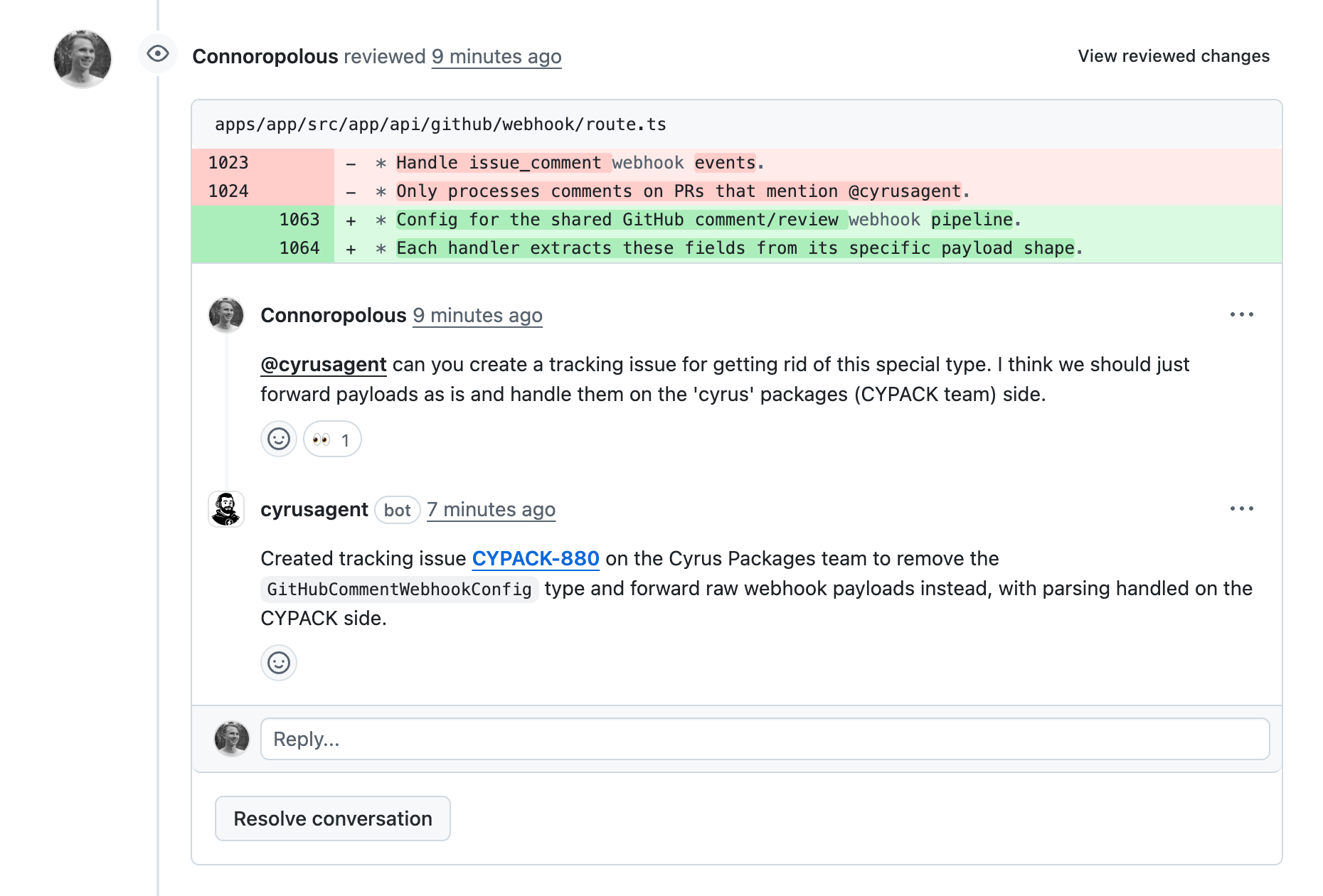 Example of @cyrusagent being mentioned in a GitHub PR review comment. A team member asks Cyrus to create a tracking issue, and Cyrus responds with the created issue link.