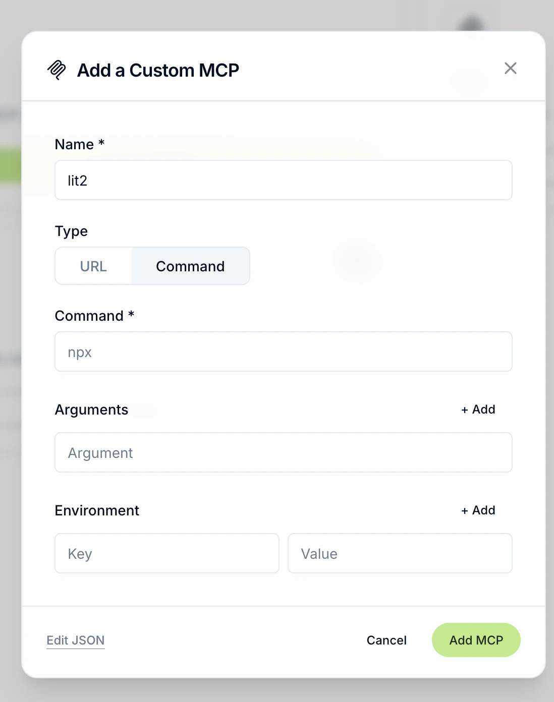 Add a Custom MCP dialog with Command type selected, showing fields for Name, Command, Arguments, and Environment variables.