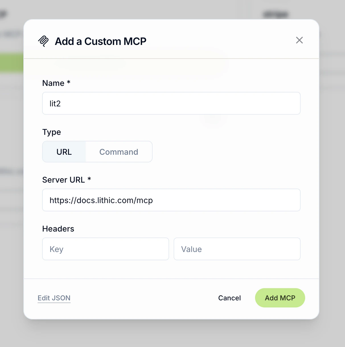 Add a Custom MCP dialog with URL type selected, showing fields for Name, Server URL, and optional Headers.