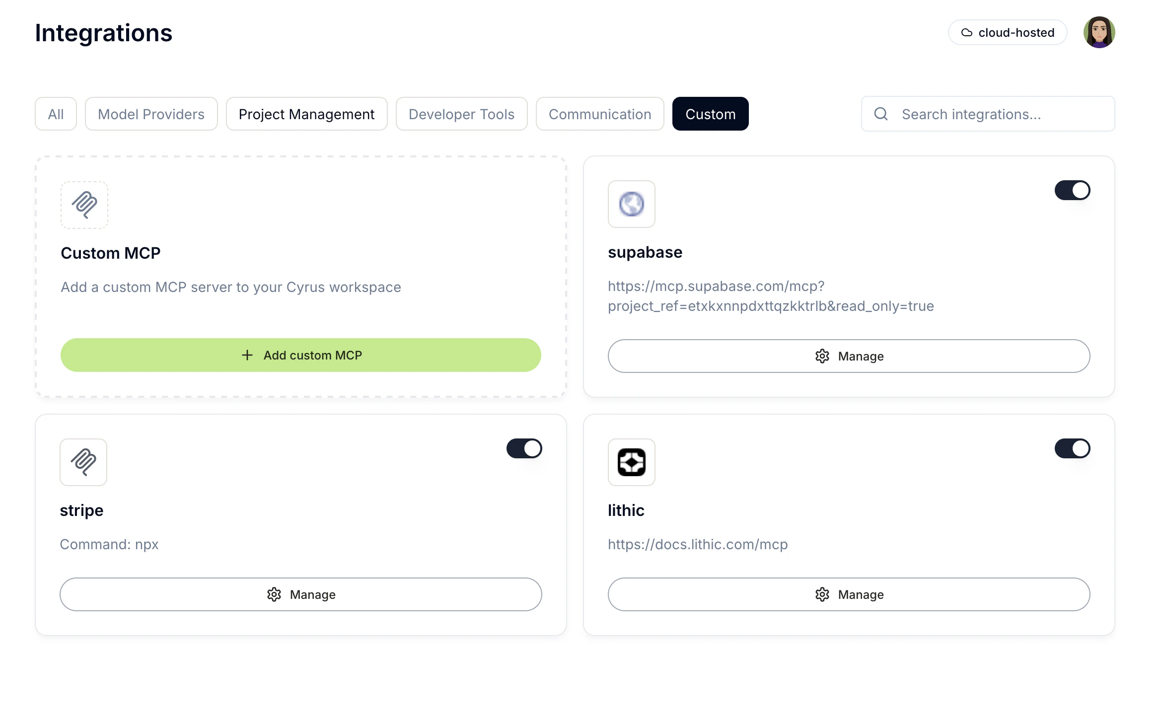 The Integrations page with the Custom tab selected, showing the Custom MCP card and configured MCP servers like Supabase, Stripe, and Lithic.